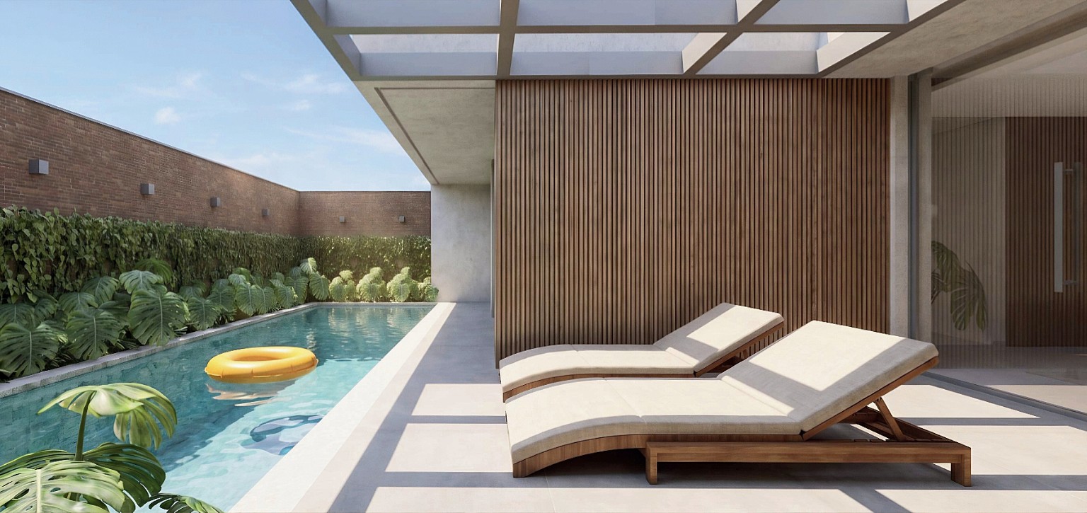 Perspectiva ilustrativa da piscina e solário